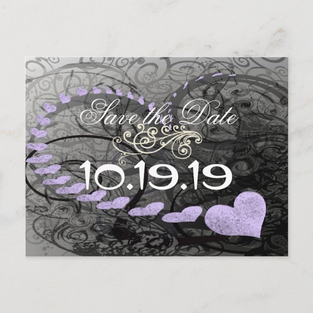 Save The Date Hearts and Swirls Lavender & Gray Announcement Postcard (Front)