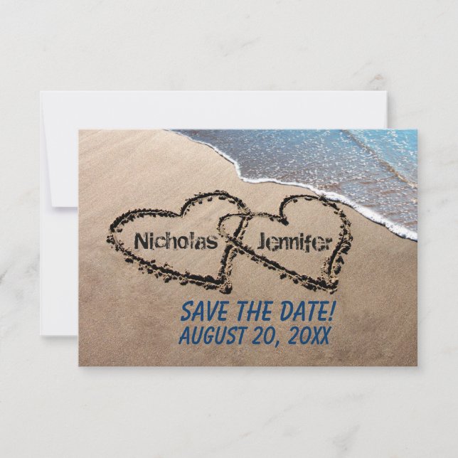 Save The Date Hearts In Sand Wedding Invitation (Front)