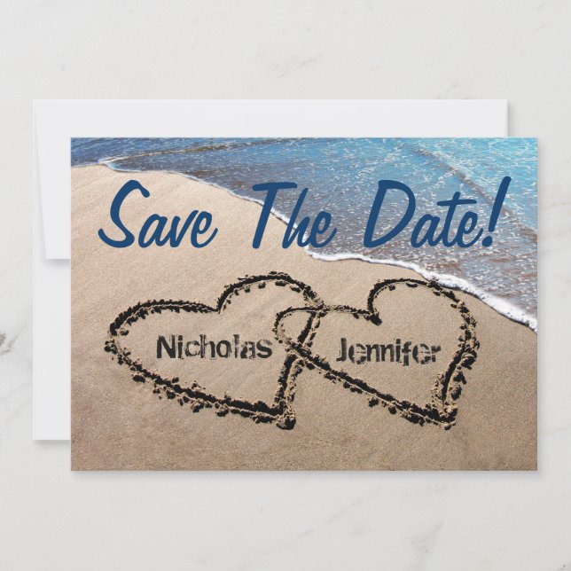 Save The Date Hearts In Sand Wedding Invitation (Front)