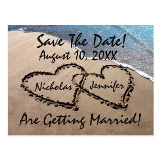 Save The Date Hearts In Sand Wedding Postcard