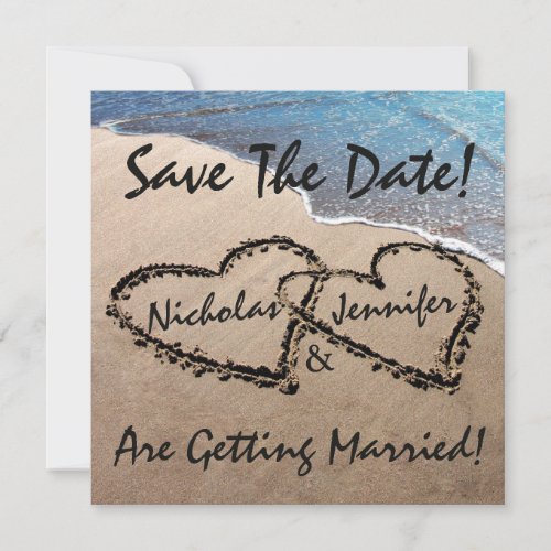 Save The Date Hearts Sand Beach Wedding Invitation