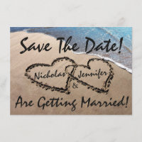 Save The Date Hearts Sand Beach Wedding Invitation