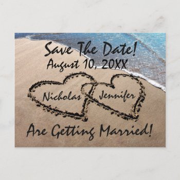 Save The Date Hearts Sand Beach Wedding Postcard by mvdesigns at Zazzle
