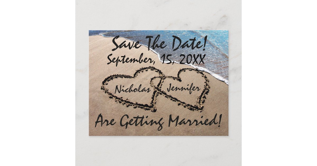 Save The Date Hearts Sand Beach Wedding Postcard | Zazzle
