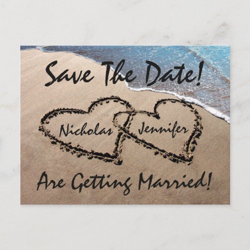 Save The Date Hearts Sand Beach Wedding Postcard