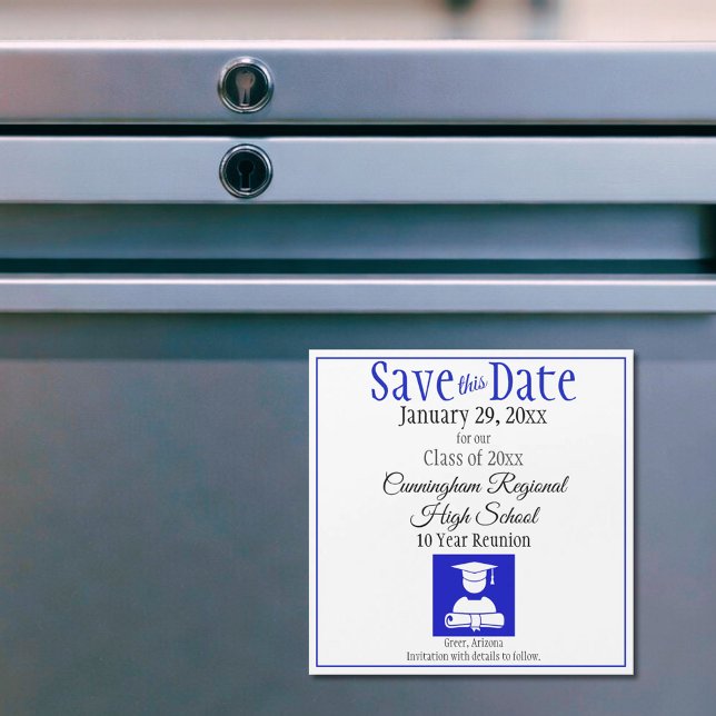 Save The Date High School Reunion Magnet Card (custom blue and white class reunion save the date magnet)