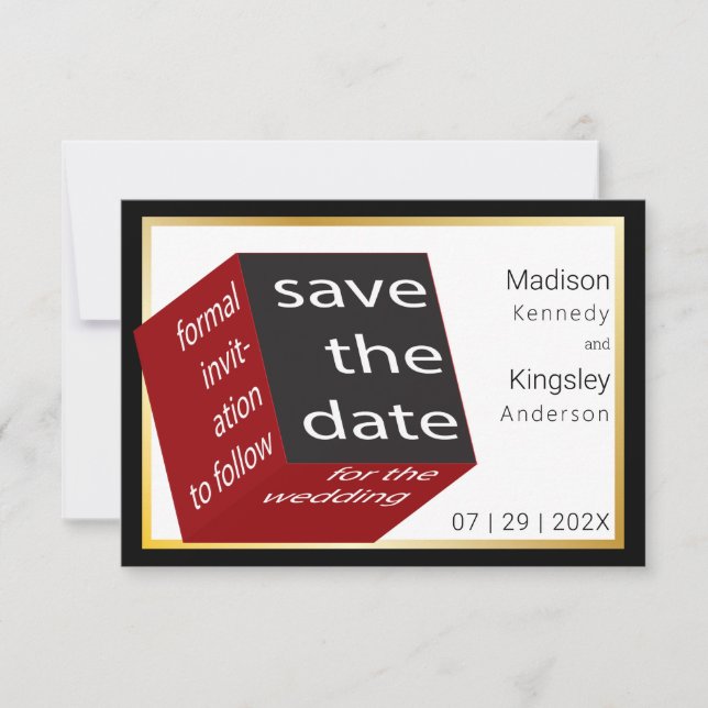 Save the Date High Tech Black Red Geometric Cube (Front)