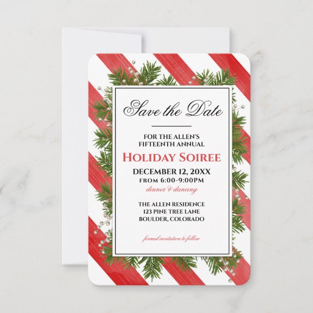 Save The Date Holiday Party Pine & Stripes | (Front)