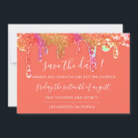 Save The Date Holographic Drips Orange Candy<br><div class="desc">Elegant simply save the date decorated with semi-transparent drips and a delicate script that completes the look of this design,  
You can change the color of the background on the back
Any other customization please sent me a message! Have a shiny always happy time! :) 
FlorenceK design</div>