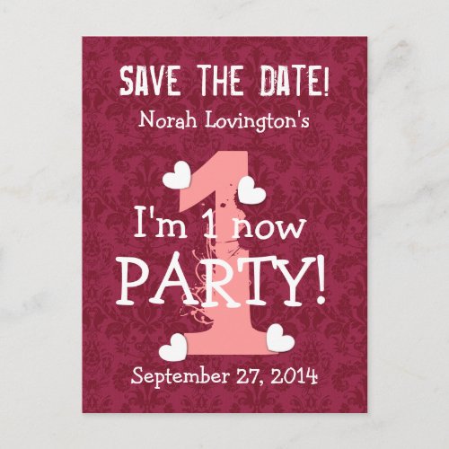 Save the Date Im One Birthday Party W01A WINE RED Announcement Postcard