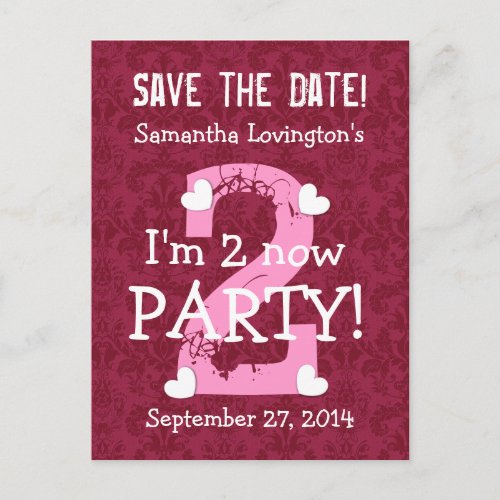 Save the Date Im Two Birthday Party V09A WINE RED Announcement Postcard