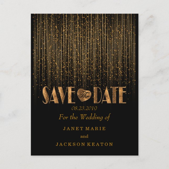 Save the Date in a Golden Shower and Black Announcement Postcard (Front)