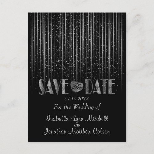 Save the Date in a Silver Light Shower and Black Announcement Postcard