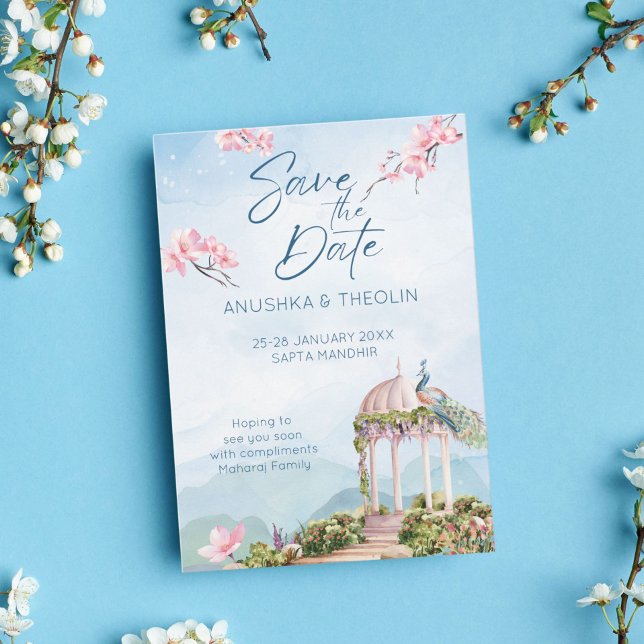 Save the date Indian wedding peacock dusty blue Invitation (Creator Uploaded)