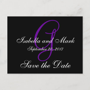 Save the Date, Initial, Monogram, Black, Purple Announcement Postcard