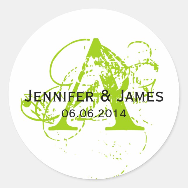 Save the Date Initial Names Wedding Sticker Green (Front)