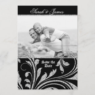 Save the Date Invite Glitter Leaves Silver Elegant