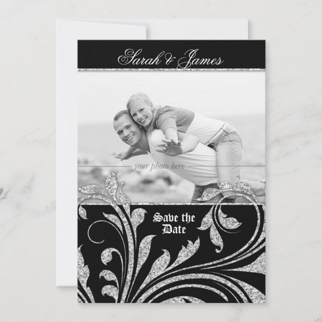 Save the Date Invite Glitter Leaves Silver Elegant (Front)