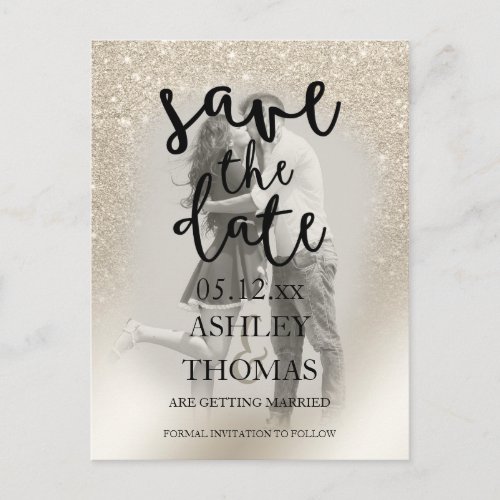 Save the Date ivory pearl glitter ombre foil photo Announcement Postcard