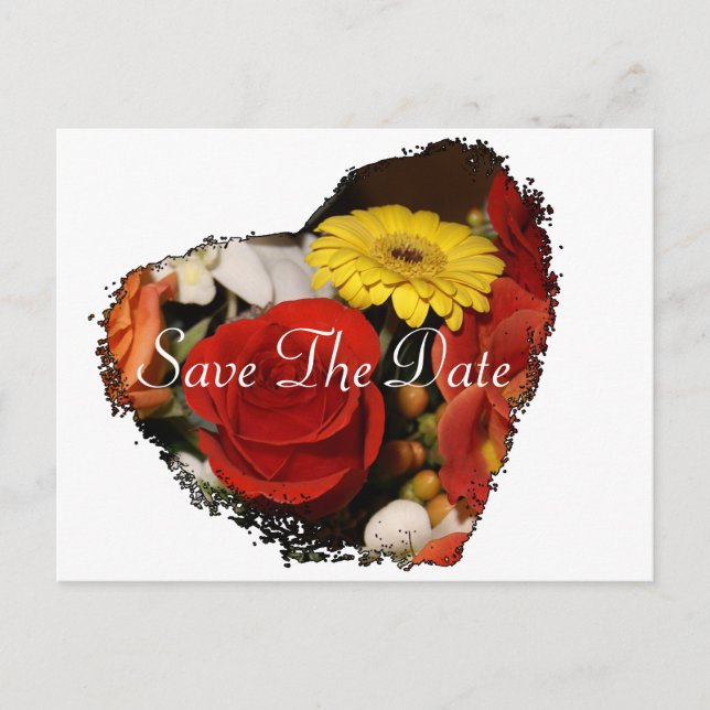 "Save the Date" Jagged Edge Heart Bouquet Postcard (Front)