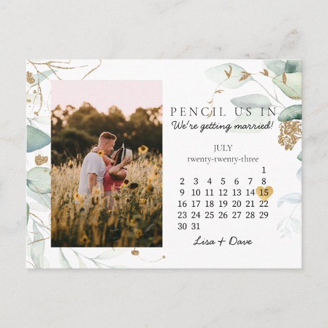Save the Date July 2023 Botanical Elegant Gold Postcard (Front)