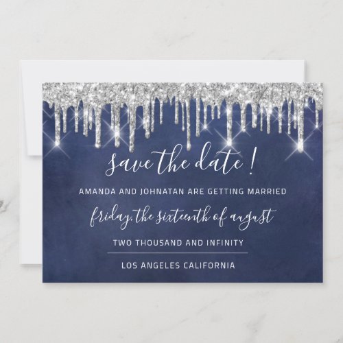 Save The Date Kraft Silver Gray Drip Blue Navy