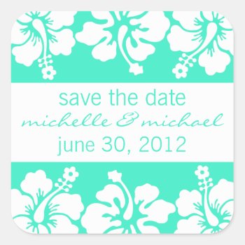 Save The Date Label (sea Green Hibiscus Flowers) by WindyCityStationery at Zazzle