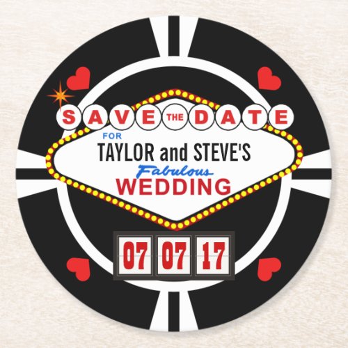 Save the Date Las Vegas Wedding Poker Chip Round Paper Coaster