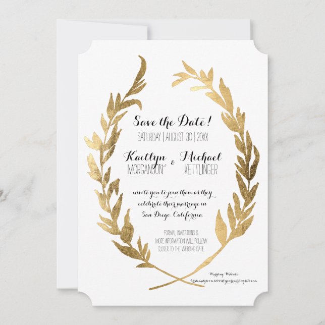 Save the Date Laurel Wreath Olive Leaf Faux Gold (Front)