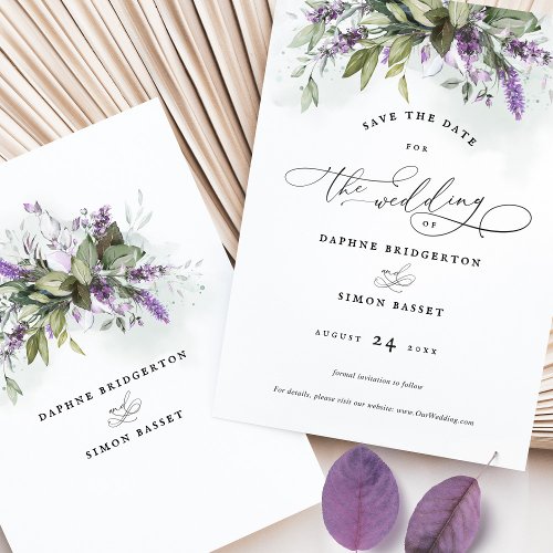 Save the Date Lavender Greenery Script Wedding Invitation