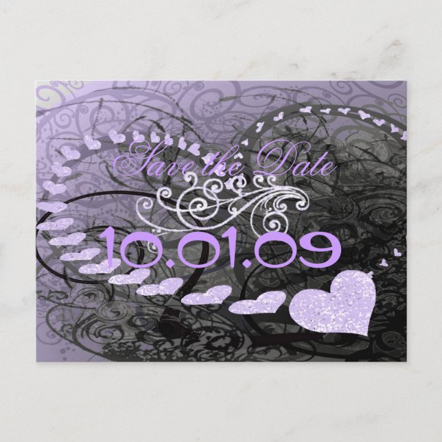 Save The Date Lavender Hearts Announcement Postcard (Front)