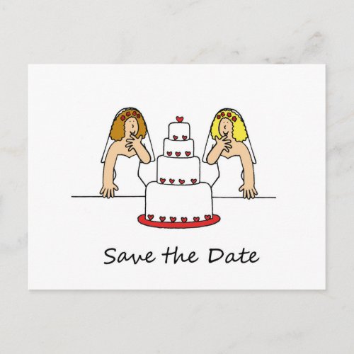 Save the Date Lesbian Brides Cartoon Announcement Postcard