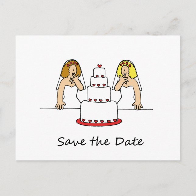 Save the Date Lesbian Brides Cartoon Announcement Postcard (Front)