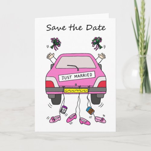 Save the Date Lesbian Wedding Cartoon Car Announcement
