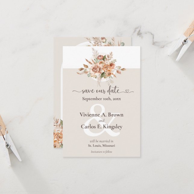 Save The Date Light Earth Tone Boho Floral Photo (Front/Back In Situ)