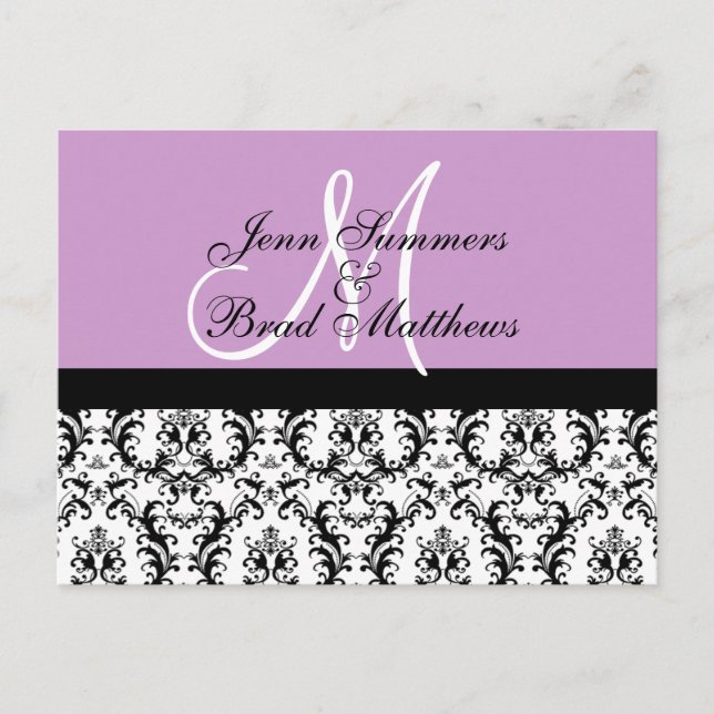 Save the Date Lilac Monogram Damask Card (Front)