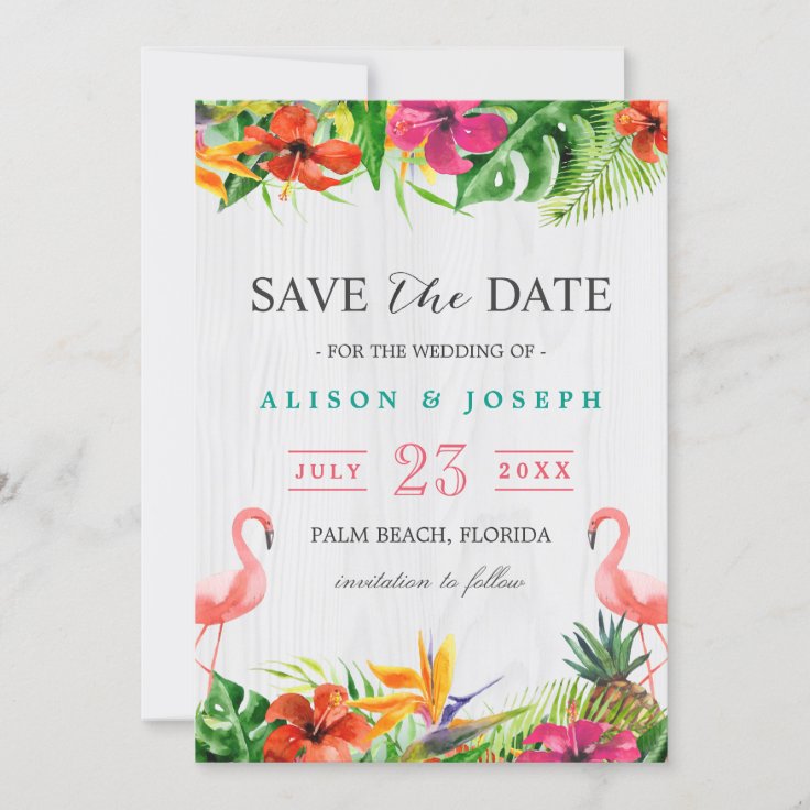 Save The Date | Luau Tropical Floral Flamingo | Zazzle