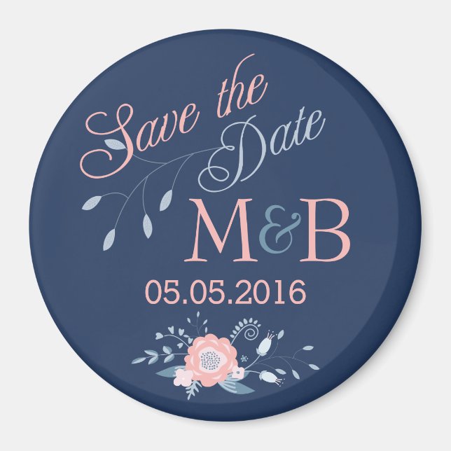 Save The Date magnet Boho wedding monogram blue (Front)