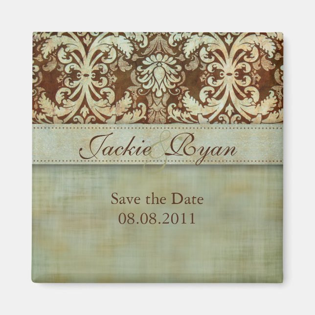Save the Date Magnet Damask Green Vintage (Front)