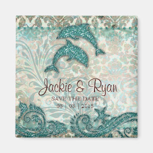 Save the Date Magnet Dolphins Couple Vintage Teal