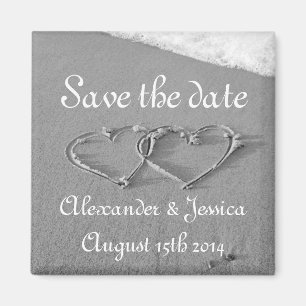 Save the date magnet Drawn hearts in beach sand