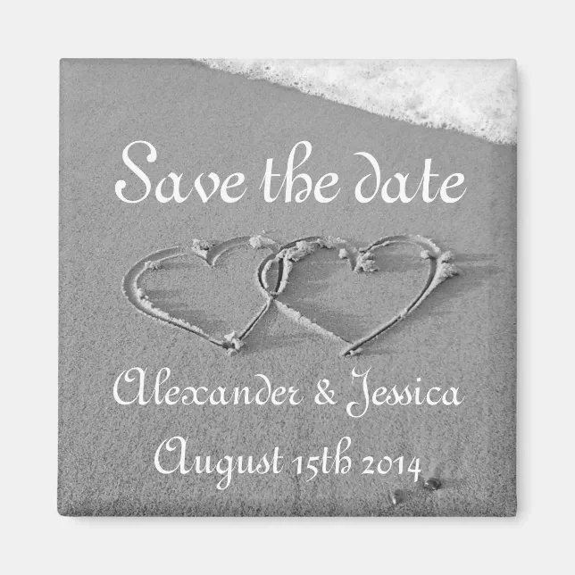 Save the date magnet | Drawn hearts in beach sand | Zazzle