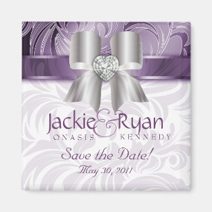 Save the Date Magnet Floral Leaf Purple Silver Bow