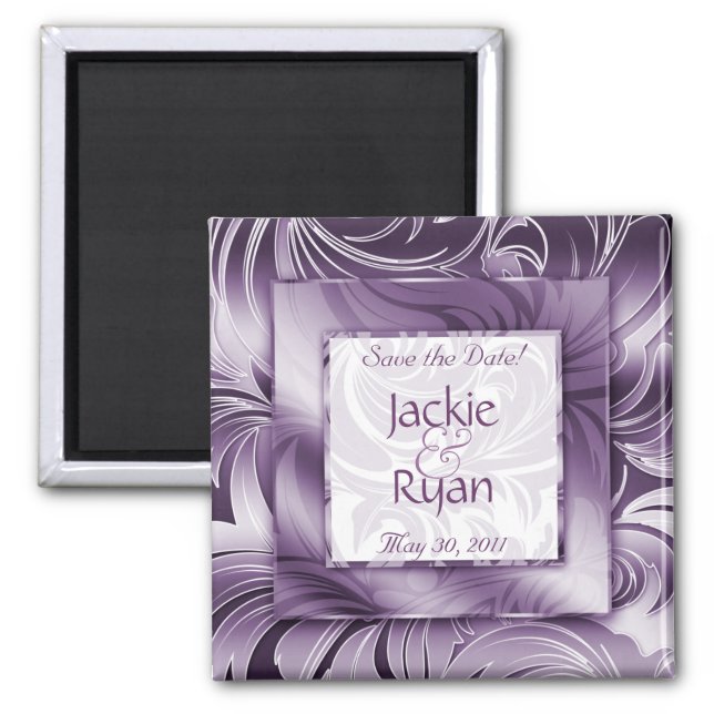 Save the Date Magnet Floral Leaf Purple Silver SQ (Front)