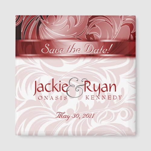 Save the Date Magnet Floral Leaf Silver Red