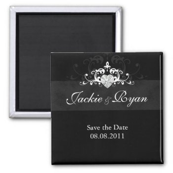 Save The Date Magnet Heart Jewel Black White by WeddingShop88 at Zazzle