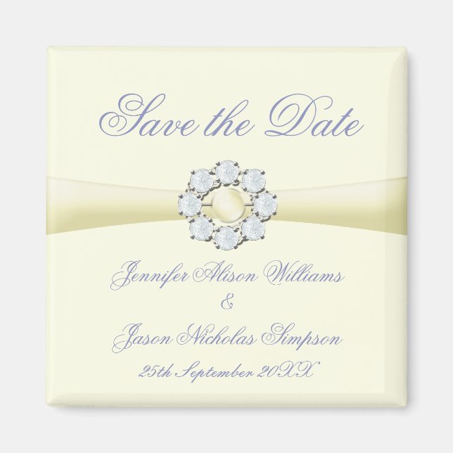 Save the Date Magnet Ivory with Pearl & Diamond (Front)