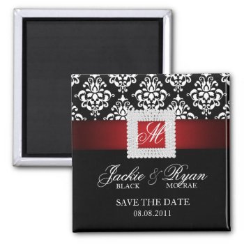 Save The Date Magnet Jewel Brooch Red Black White by WeddingShop88 at Zazzle