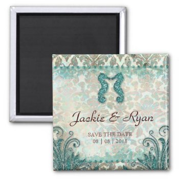 Save The Date Magnet Seahorse Couple Vintage Teal by WeddingShop88 at Zazzle