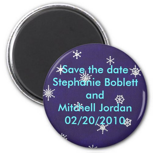 Save the date magnet snowflakes on navy blue magnet